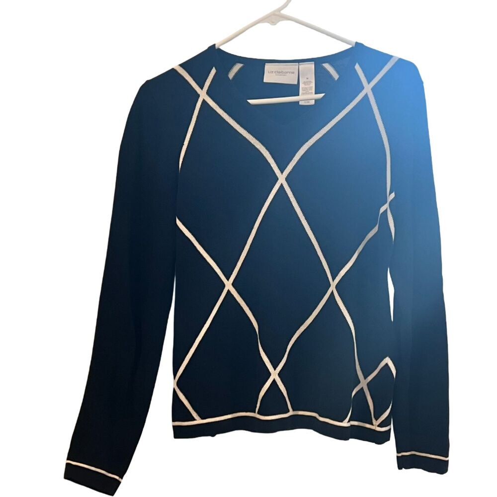 Liz Claiborne Lizsport Navy Knit Sweater White Geometric Trim Women’s M